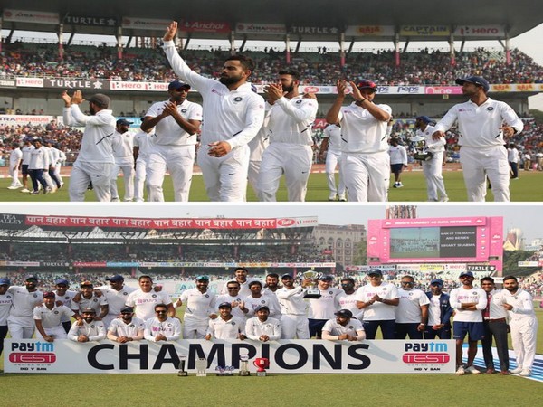 Indian team celebrating after clinching the series over Bangladesh by 2-0. (Photo/ICC Twitter)