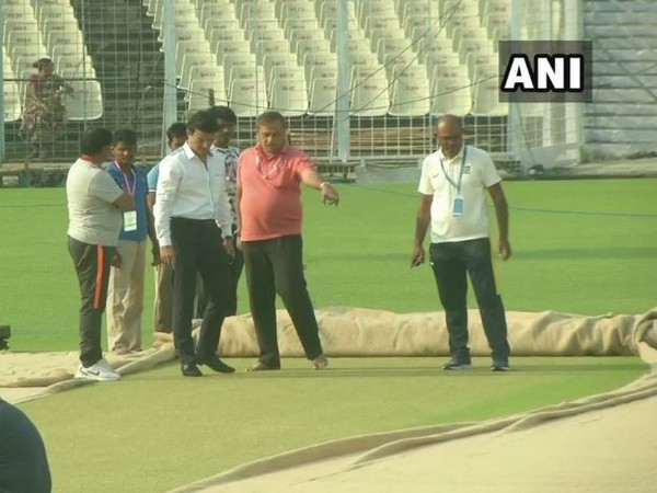 BCCI president Sourav Ganguly inspects Eden Garden pitch on Wednesday.