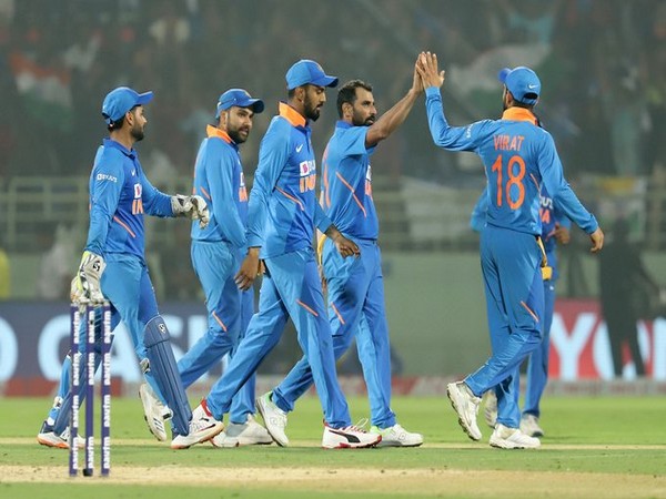 Indian team celebrates after taking wicket of a Windies batsman (Photo/ BCCI Twitter)