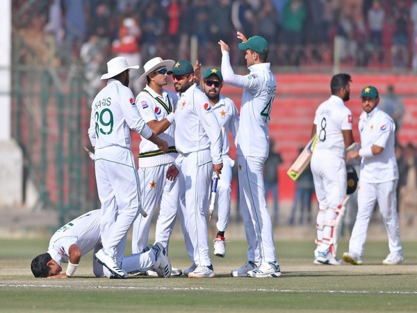Pakistan cricket team celebrating after securing a massive win over Sri Lanka in the second Test match in Karachi on Monday. (Photo/ Pakistan Cricket Twitter)