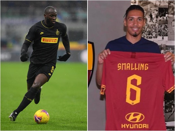 Inter Milan's Romelu Lukaku (L) and Roma's Chris Smalling (R)