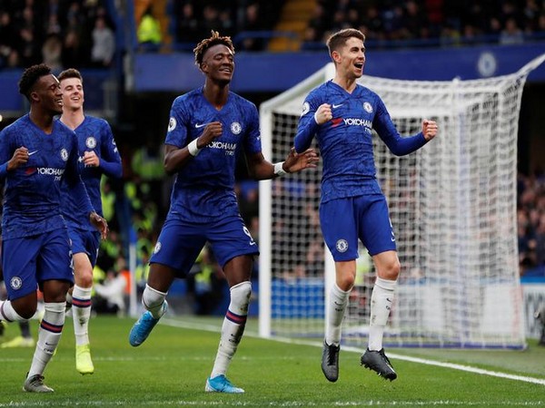Chelsea's Jorginho celebrates scoring their first goal with Tammy Abraham and Callum Hudson-Odoi