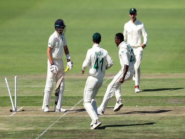 Kagiso Rabada celebrating the dismissal of Joe Root on day one of third Test