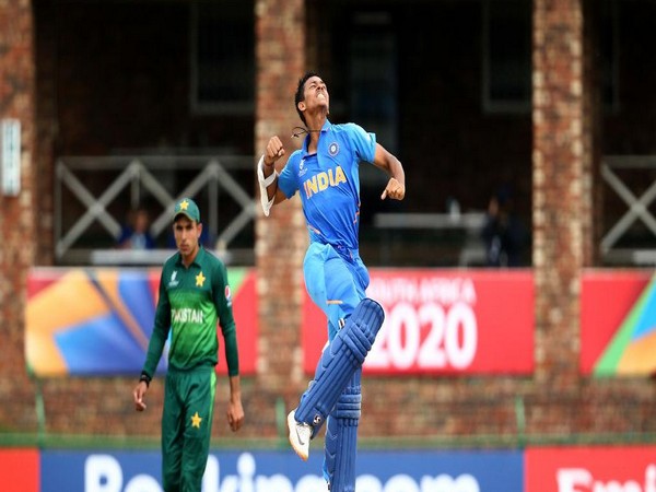 Yashasvi Jaiswal celebrating after scoring his maiden ton. (Photo/Cricket World Cup Twitter)